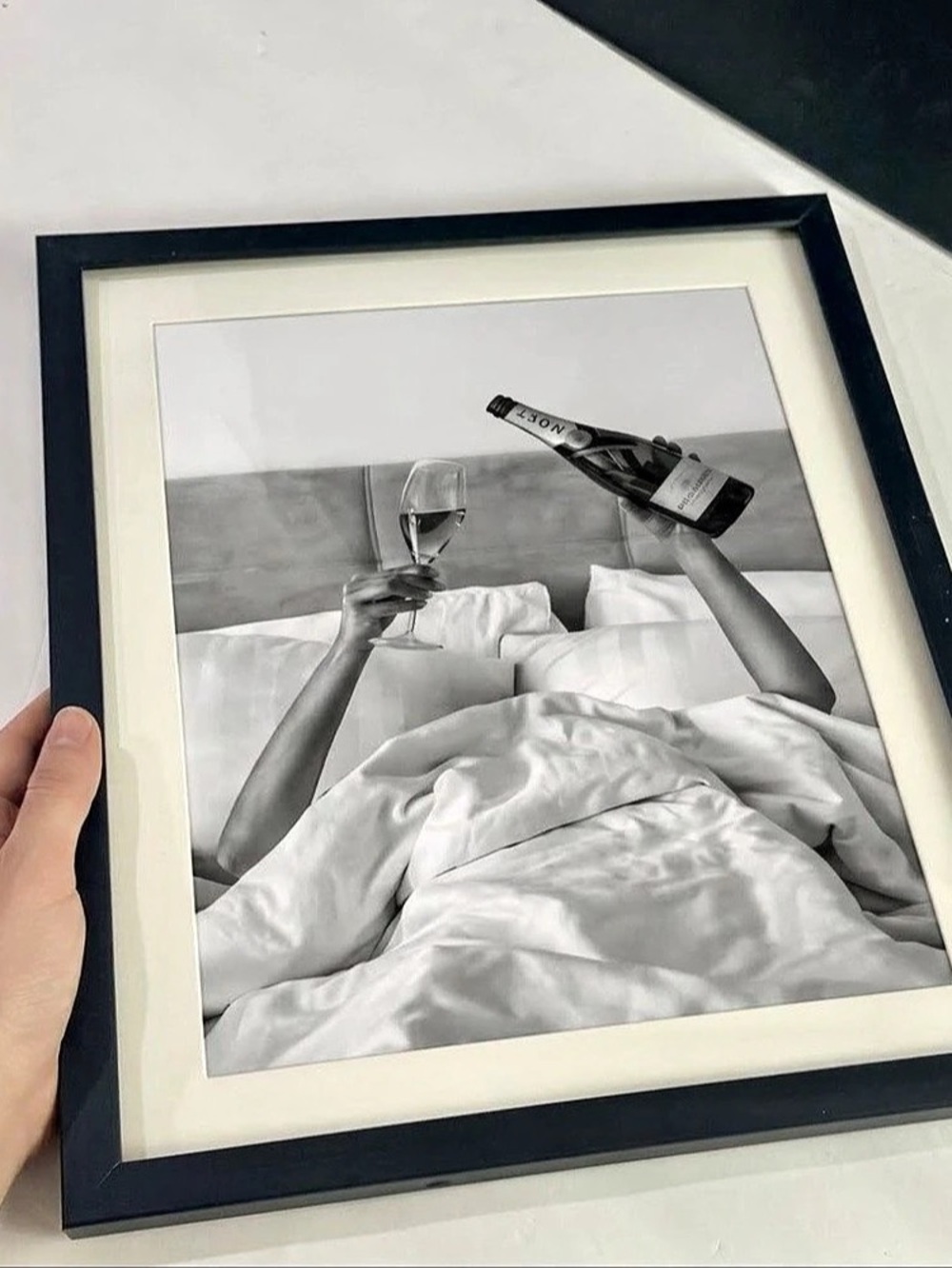Framed Woman Drinking MOËT Champagne In Bed matte paper  Print, Black And White